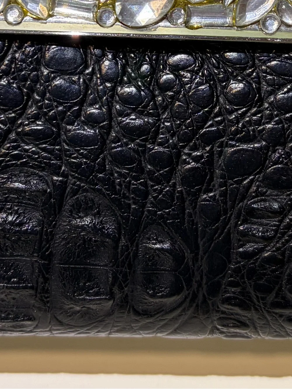 Black Embossed Crocodile Print Evening Clutch Dramatic Crystal Accent & Chain